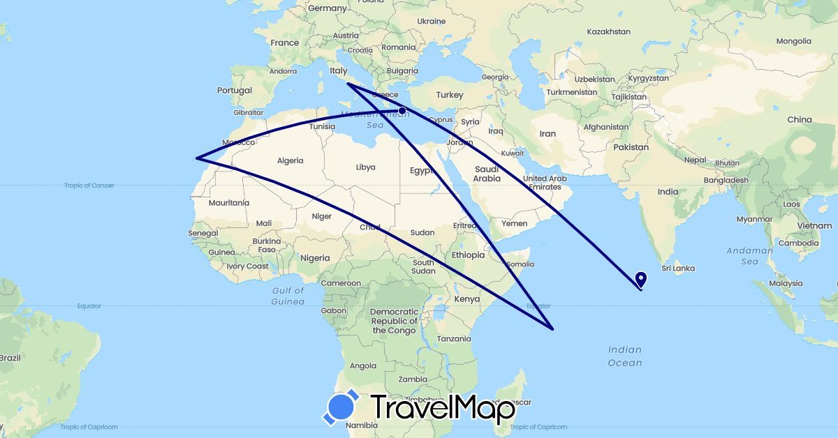 TravelMap itinerary: driving in Spain, Greece, Italy, Maldives, Seychelles (Africa, Asia, Europe)